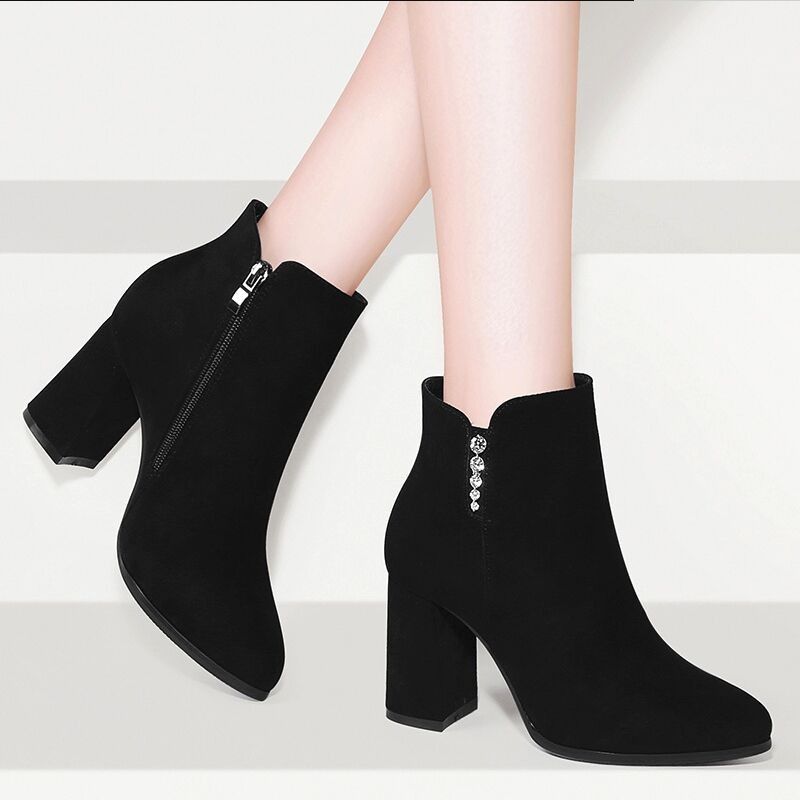 Black Autumn Winter Women's Ankle Boots New In Heeled Female Short Shoes Designer Luxury Large Size Warm On Offer Booties Sale