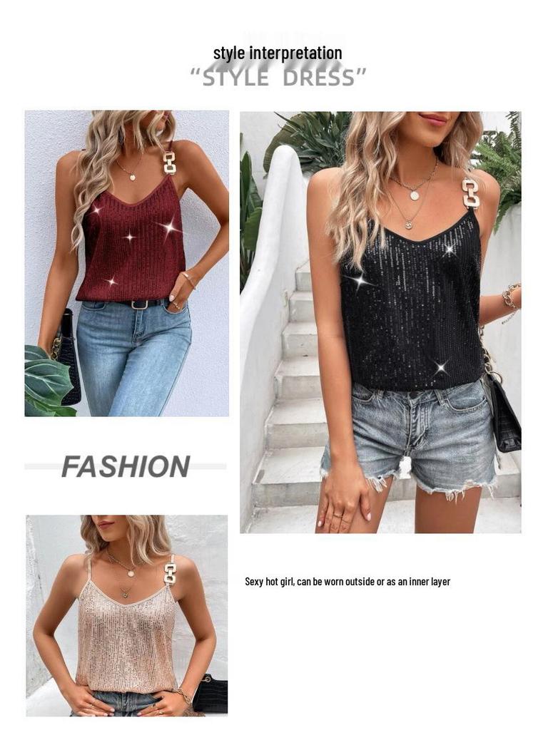 European and American Sequin Suspender Vest - Women's Sexy Base Layer for Banquet and Annual Events