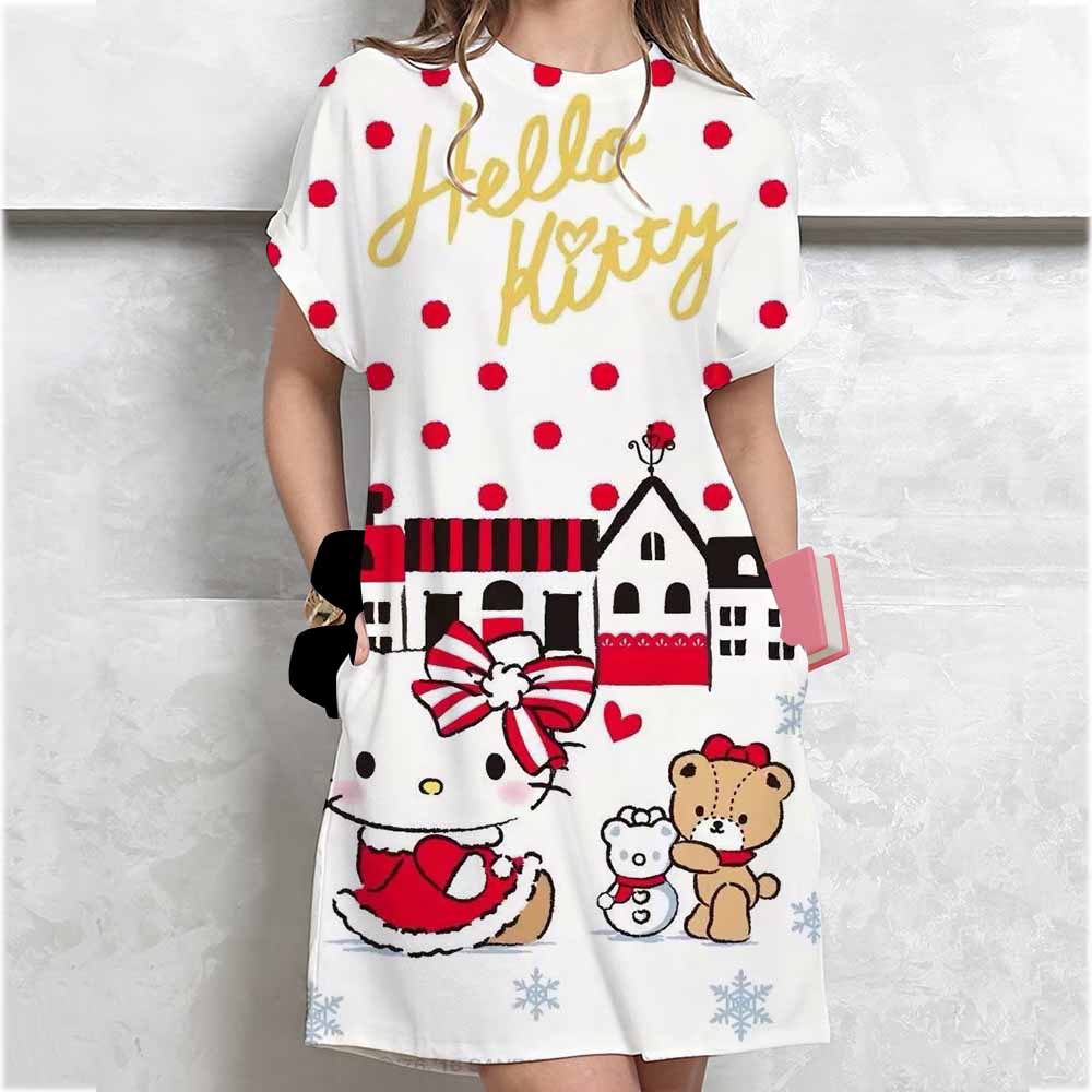 Women's Long Tshirt Dress Summer Fashion Girl Hello Kitty Print Oversized Casual Round Neck Short Sleeved Mini T-shirt Dress