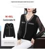 Women's Black Chiffon Spliced Knitted V-Neck Pullover: Loose-Fitting, Long-Sleeved Spring Commuter Top.