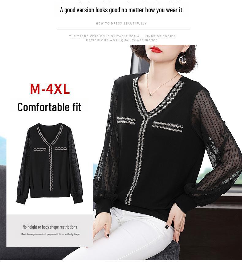 Women's Black Chiffon Spliced Knitted V-Neck Pullover: Loose-Fitting, Long-Sleeved Spring Commuter Top.