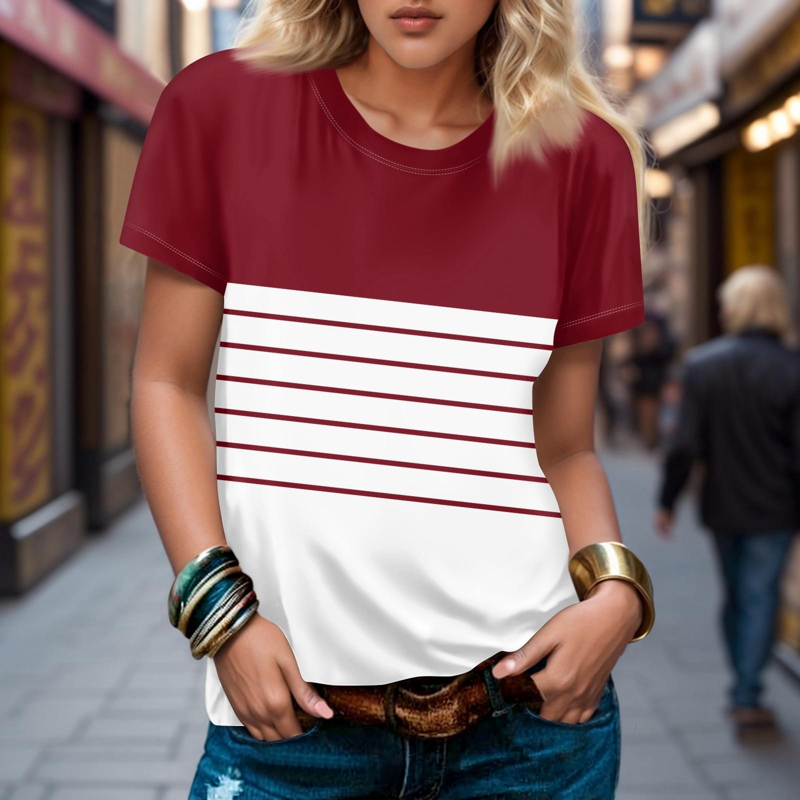 

Женская футболка с круглым вырезом в полоску с принтом и короткими рукавами Топ с короткими рукавами Топ с круглым вырезом XL красный