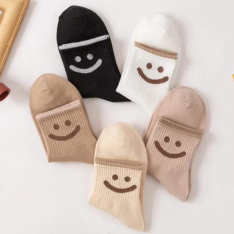 5 Pairs Kawaii Womens Smiley Face Polyester Socks Autumn Winter Solid Color Funny Slouch Female Ladies Sock