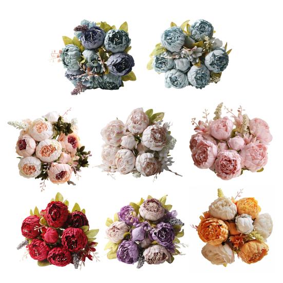 13 Heads Artificial Flower Silk Fabric Realistic Peony Bouquet with Soft Touch Home Wedding Display Office Decoration