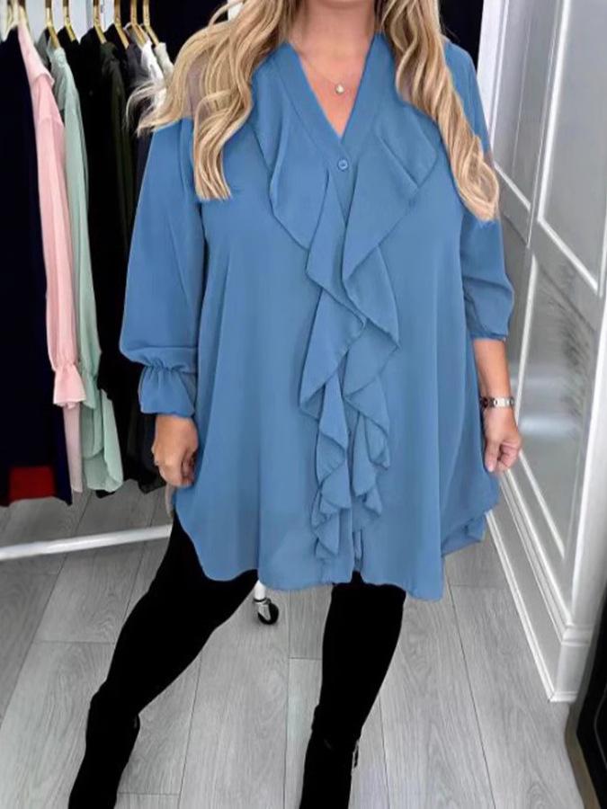 2025 Spring/Summer Women's Solid Color Loose Ruffle V-Neck Long Sleeve Shirt