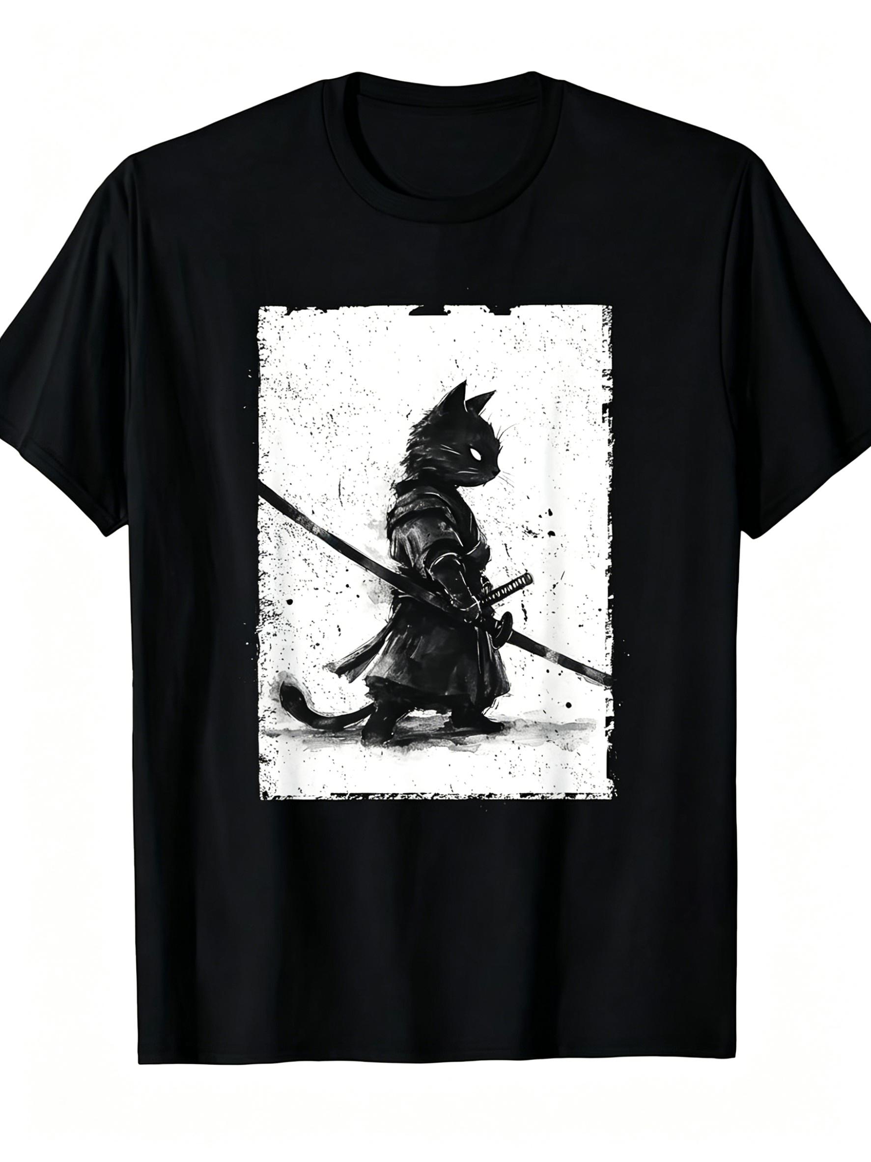 Interesting Unisexs Retro UkiyoE Style Samurai Cat Theme Cotton TShirt Japanese Cat Samurai Art Print ShortSleeved Shirt M
