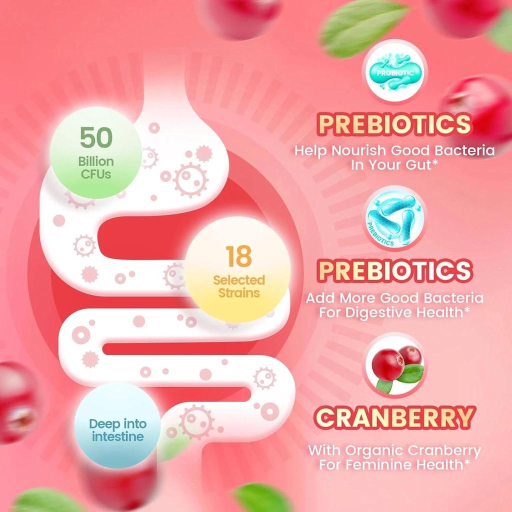 60 Women Probiotic Gummies, Probiotics for Women, Cranberry Flavour, 5 Billion CFU for Intimate and Digestive Health
