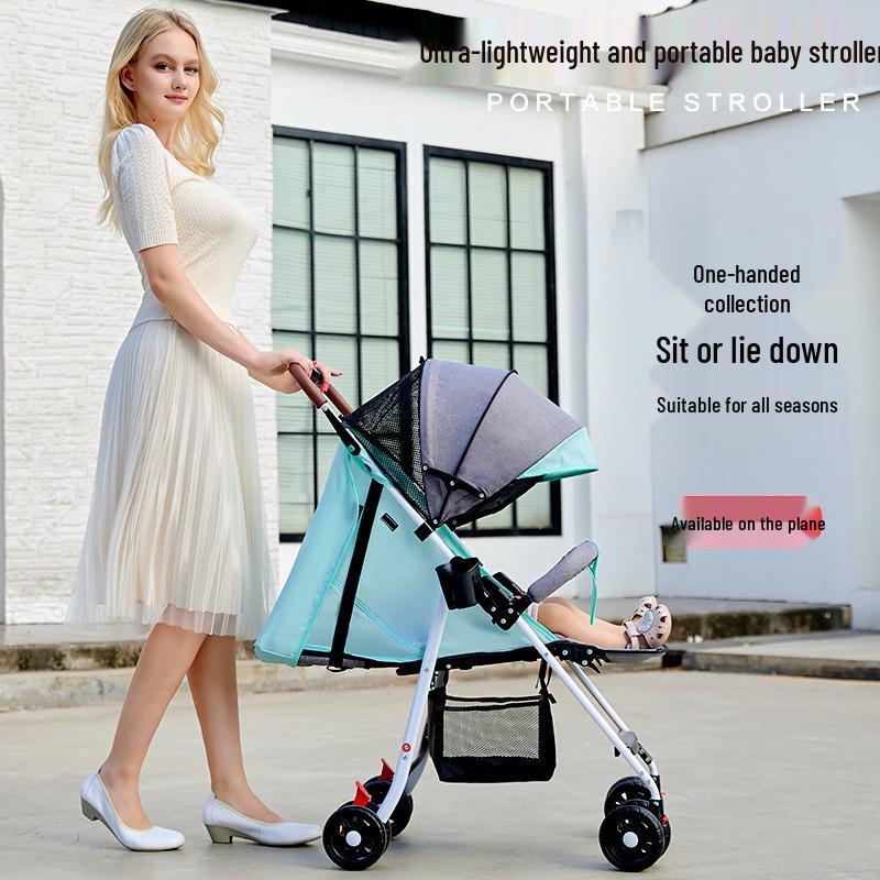 Lightweight Foldable Baby Stroller, Four-Wheeled, Convertible for Sitting or Lying, One-Button Fold Portable Design
