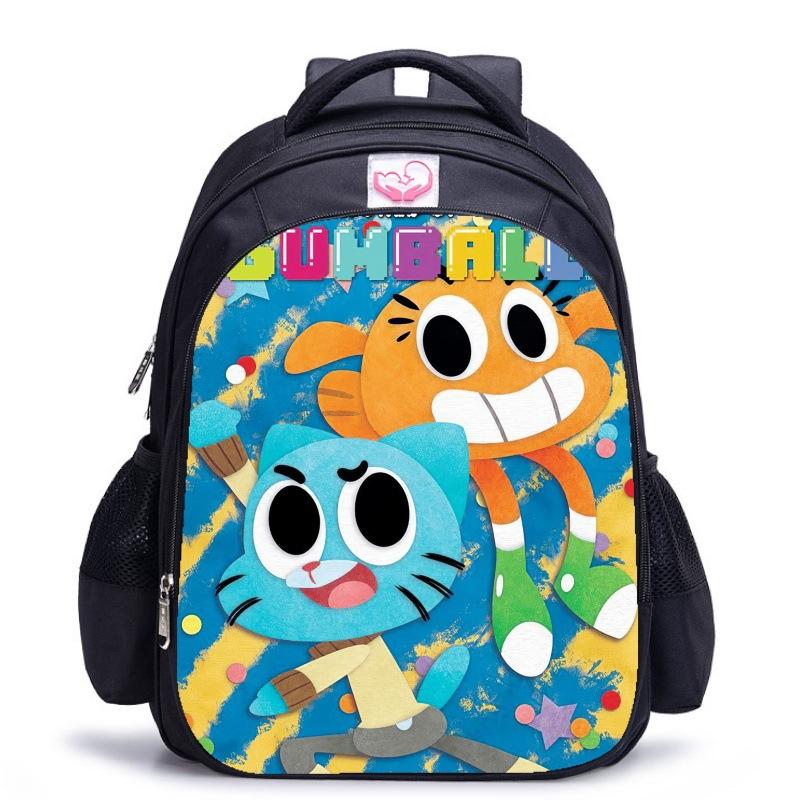 Zaino Scuola per Bambini, Testa Grande Gatto Blu Forrest Gump Scuola di Animazione, Tessuto Oxford Nero Resistente allo Sporco Grande Capacità.