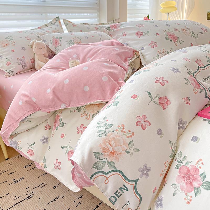 Class A Maternal And Infant Grade Small Fresh Pure Abraded Four-Piece Set Skin-Friendly Bed Sheet Washed Cotton Quilt Cover Student Dormitory 3Pcs Set