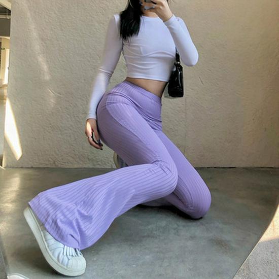 2023 Women's Fashion: European & American Style High-Waisted Micro-Flare Solid Color Elastic Pants