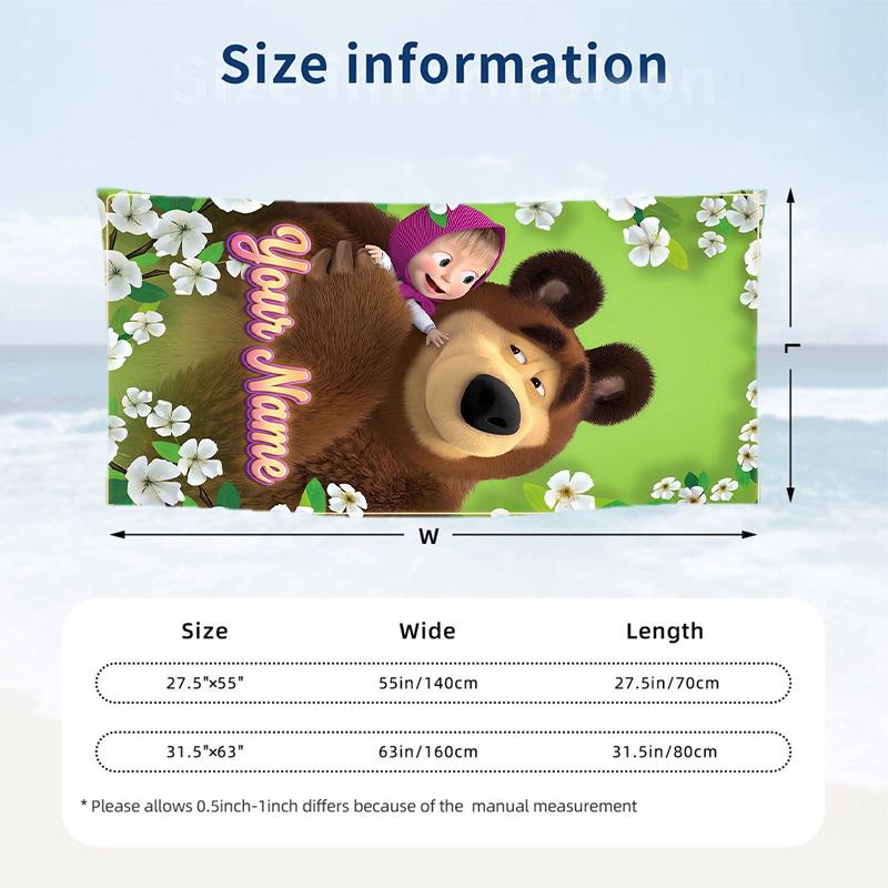 Masha and the Bear Beach Towel, Personalized Custom Text, Quick Dry Soft Large Towel For Swimming Pool Travel
