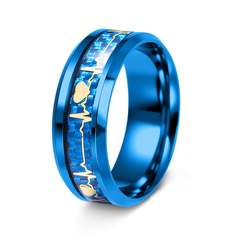 Valentine's Day Jewelry 8mm Inlaid Carbon Fiber Ring Couple ECG Heartbeat Titanium Steel Ring