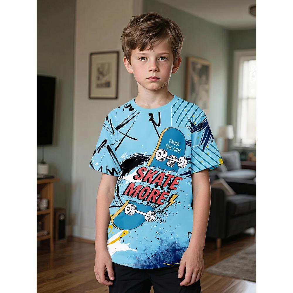 Children s light blue skateboard graffiti printed T-shirt, fashionable and casual children s clothing, 100