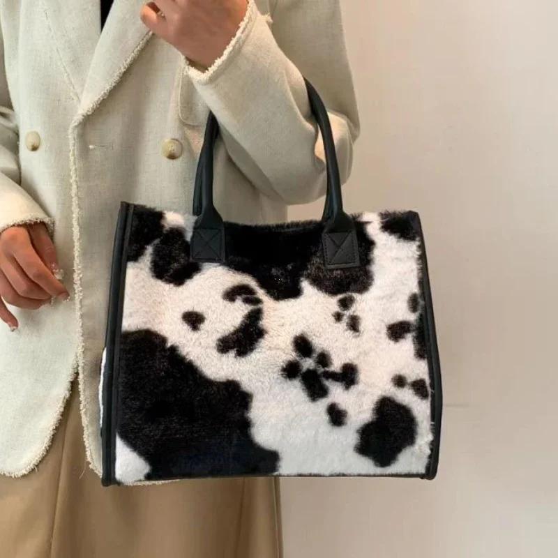 Winter Leopard Print Plush Underarm Bag Women PU Leather Soft Fluffy Shoulder Tote Handbag
