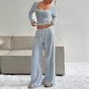 Women's Striped Pullover Long Sleeved Drawstring Wide Leg Pants Set