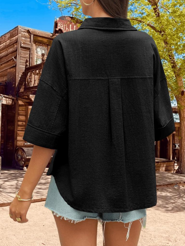 Women's Button Down Collared Blouse V Neck Cotton Short Sleeve Loose Top