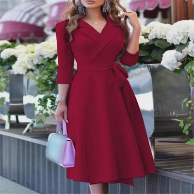European and American V-Neck Waist-Cinching Mid-Sleeve Dress
