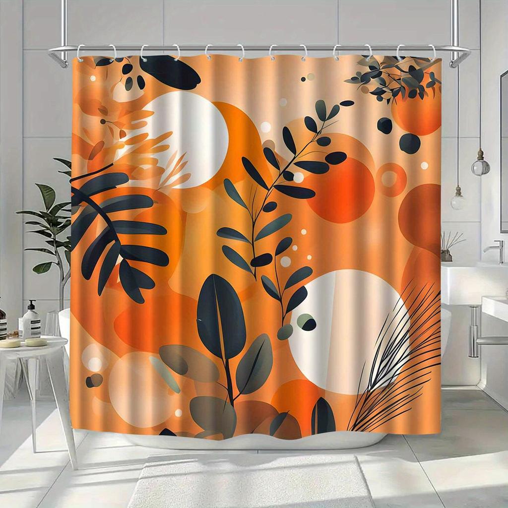 1pc Simple Floral Leaf Pattern Shower Curtain, Polyester Fabric, Machine Washable, with Hooks, Suitable for Bathroom Decor.