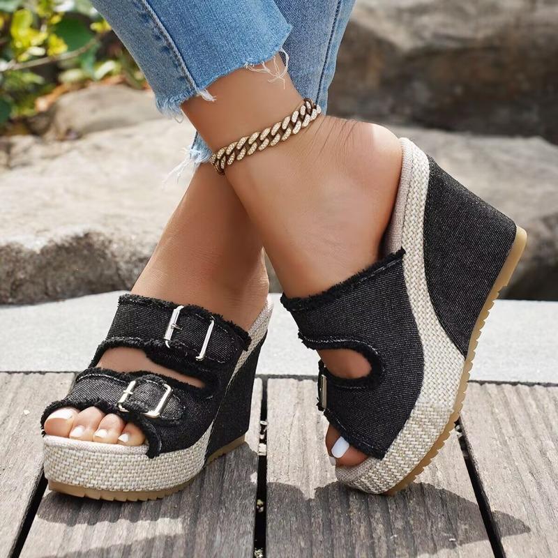 Lame Belt Buckle Heel One Pedal Large Size New Denim Cool Slippers Women Summer Wear Thick-soled Slippers