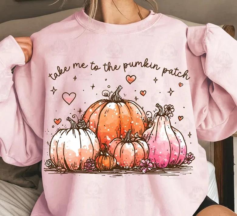 Take Me To The Pumpkin Patch Shirt, Pink Pumpkin Shirt, Cozy Season Fall Gift 2XL