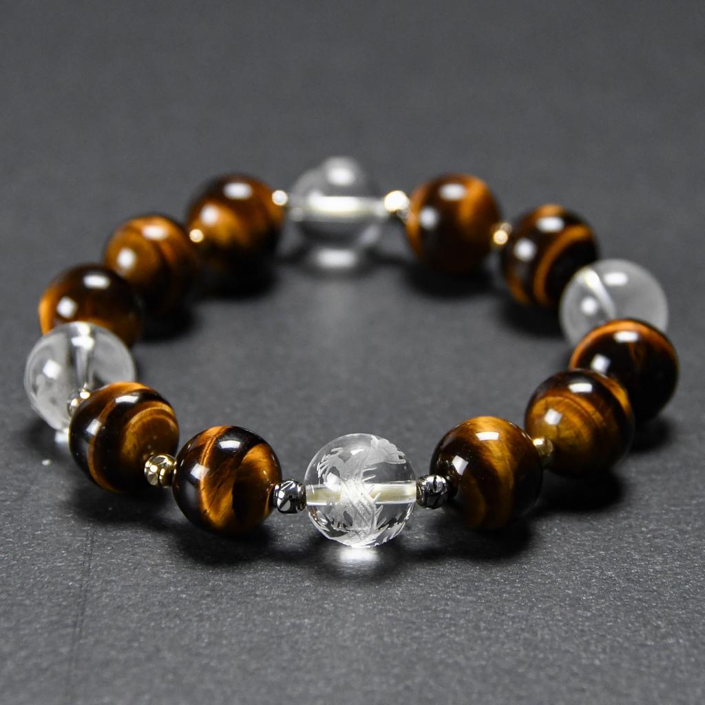 Jewelry Town Shosenkyo Tiger Eye Bracelet with Four Gods Engraved 12mm Tiger Eye Power Natural Good and Feng Shui [Eigado] Crystal, Beads, Stone,