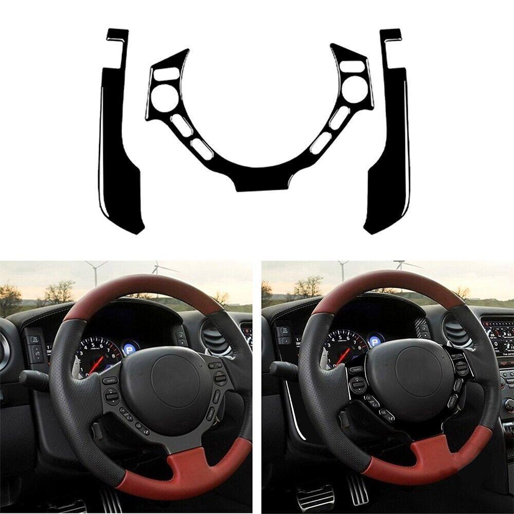 3Pcs Piano Black Steering Wheel Speedometer Cover Decal For Nissan GTR R35 08-16