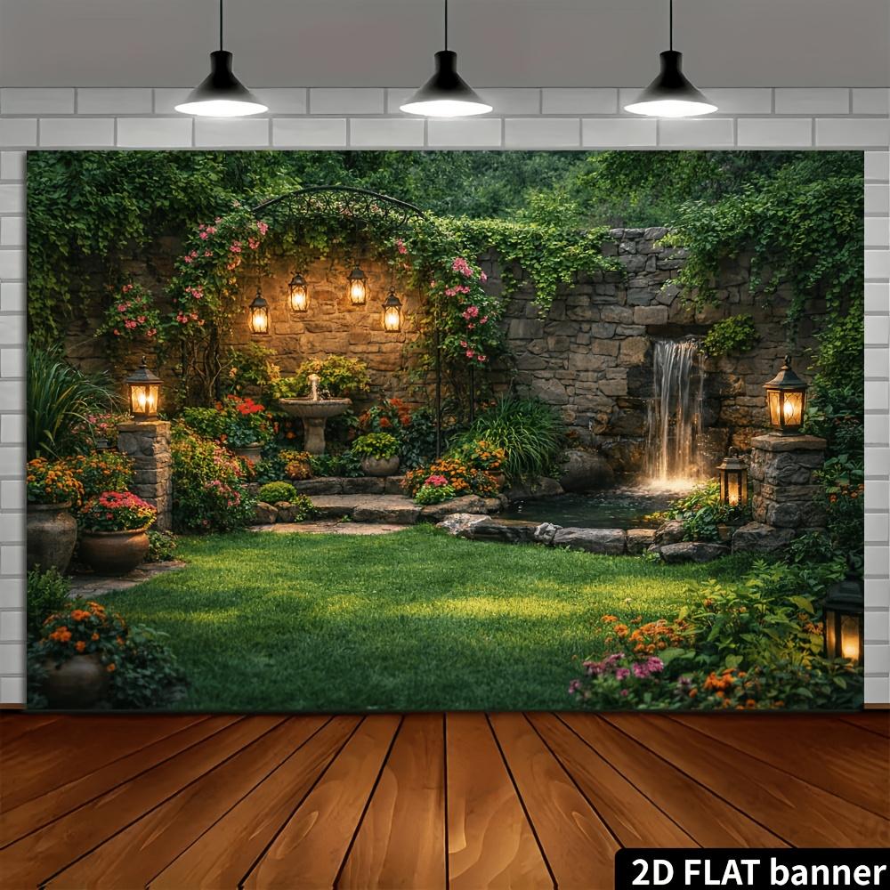 2D stone wall flowing courtyard background cloth stone wall vines warm light lantern fountain and small waterfall on the right