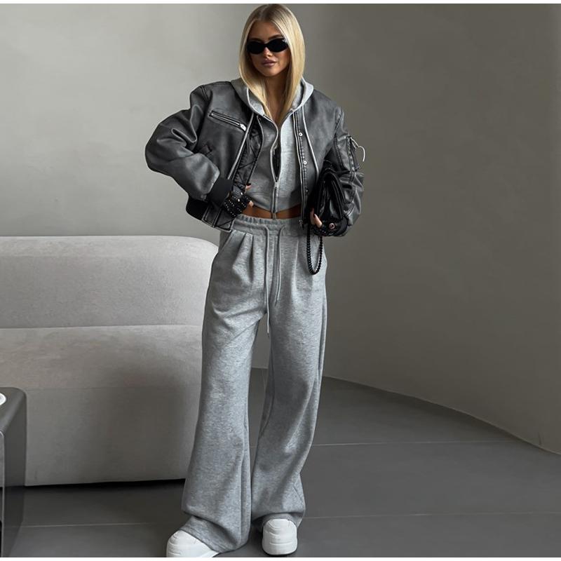 Spring Autumn New Women's Casual Suit Solid Color Cropped Hooded Cardigan Tank Top Sweatpants Co-ord Set Fashion Streetwear