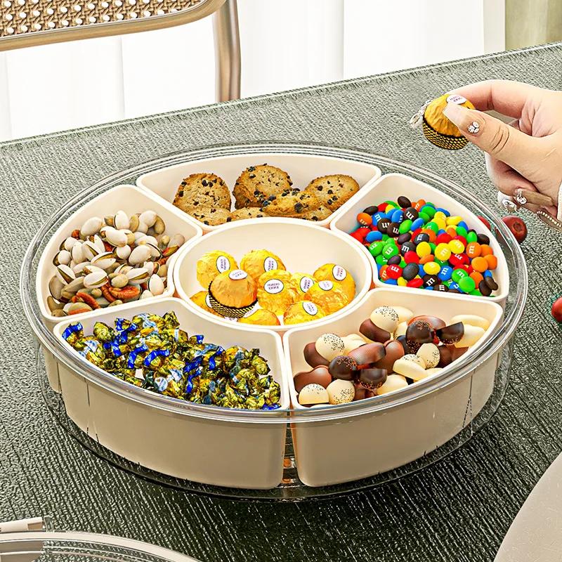 Six Grids Multi Compartment Fruit Tray Round Snack Box with Lid Handle for Home Organization Clear Divided Rotating Serving Tray