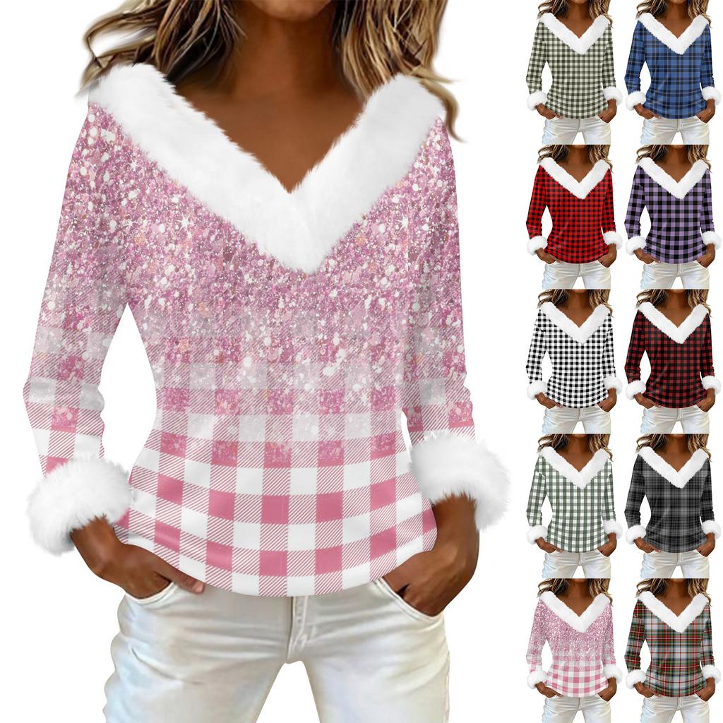 Women's T Shirt Tee Print Shirt Long Sleeve Party Fleece Collar V Neck  Top