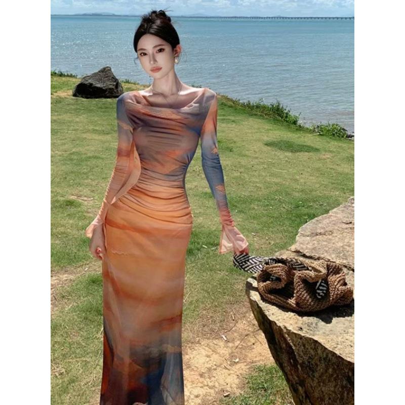 Sunset tiedye printed swinging collar dress, feminine temperament, slimfitting waist and thin holiday dress