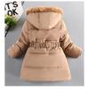 Winter Costume For Girls, Coat With Fur Collar And Belt, Warm Jacket With Hood On Cotton Lining, Children's Jacket