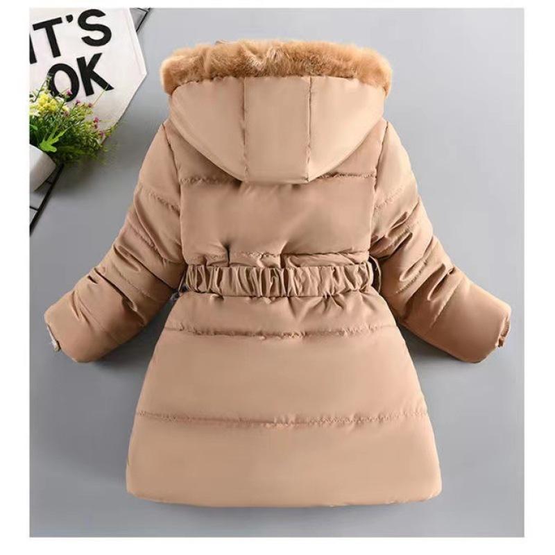 Winter Costume For Girls, Coat With Fur Collar And Belt, Warm Jacket With Hood On Cotton Lining, Children's Jacket