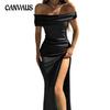 Καλοκαιρινό γυναικείο φόρεμα γυαλιστερό φόρεμα Stretch Μονόχρωμο Φόρεμα με ένα λαιμό Σέξι σχιστό μακρύ φόρεμα φόρεμα