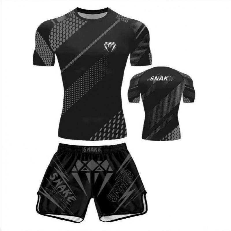 MMA Training Set Mens Short Sleeve Shorts Sanda Boxing Muay Thai Combat Sports Gym Workout