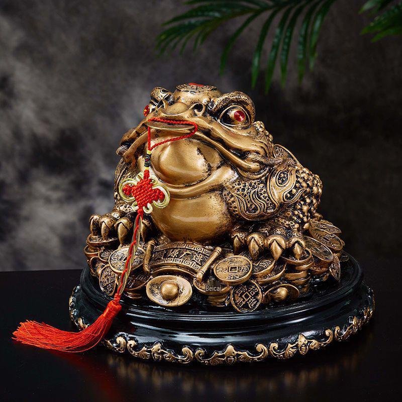 Large Golden Lucky Toad Figurine for Living Room, Office, or Wine Cabinet Decor