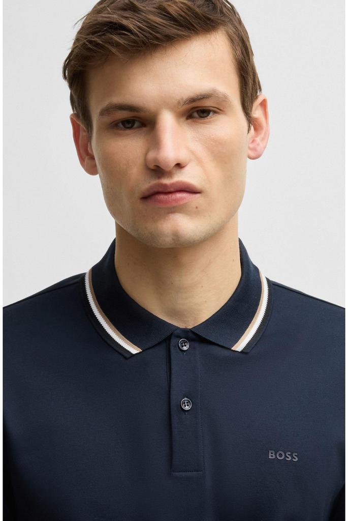 BOSS Slim Fit Cotton Polo Striped Size M Men's Shirt, Navy, Collar,