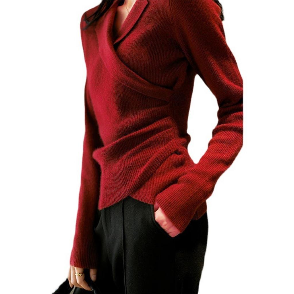 Autumn Women's Clothing New Style, Elegant Commuting, Elegant Temperament Suit Collar, Slimming Knitted Sweater, Cross Design Feeling Knitted Sweater