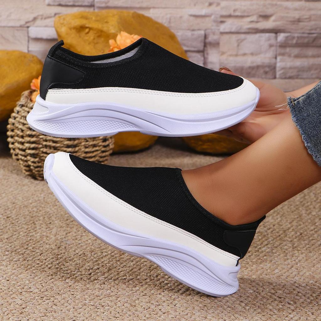 Chaussures de Sport Grande Taille pour Femmes Semelle Épaisse Couleur Unie Décontractées Flyknit Maille Respirante Chaussures Simples Légères Tricotées Baskets 36-43