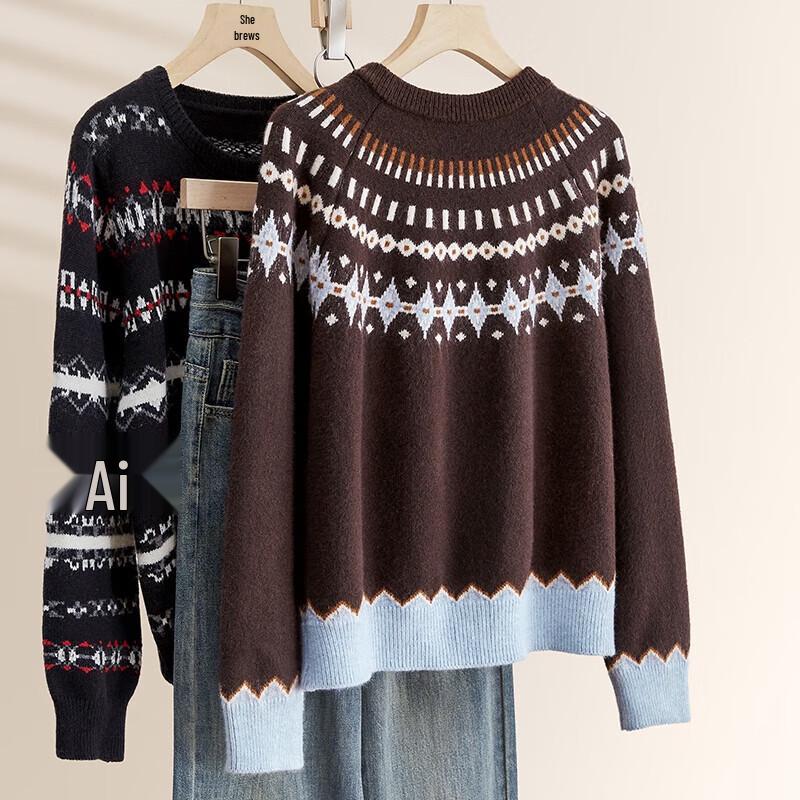 Shechi Women's Fair Isle Round Neck Knit Cardigan