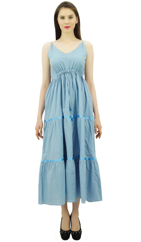 Bimba Women's Sundress Long Maxi Drawstring Waist Spaghetti Strap Dresses