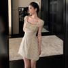 Summer square collar floral bubble sleeve dress women's small temperament French gentle waist and thin A-word short skirt