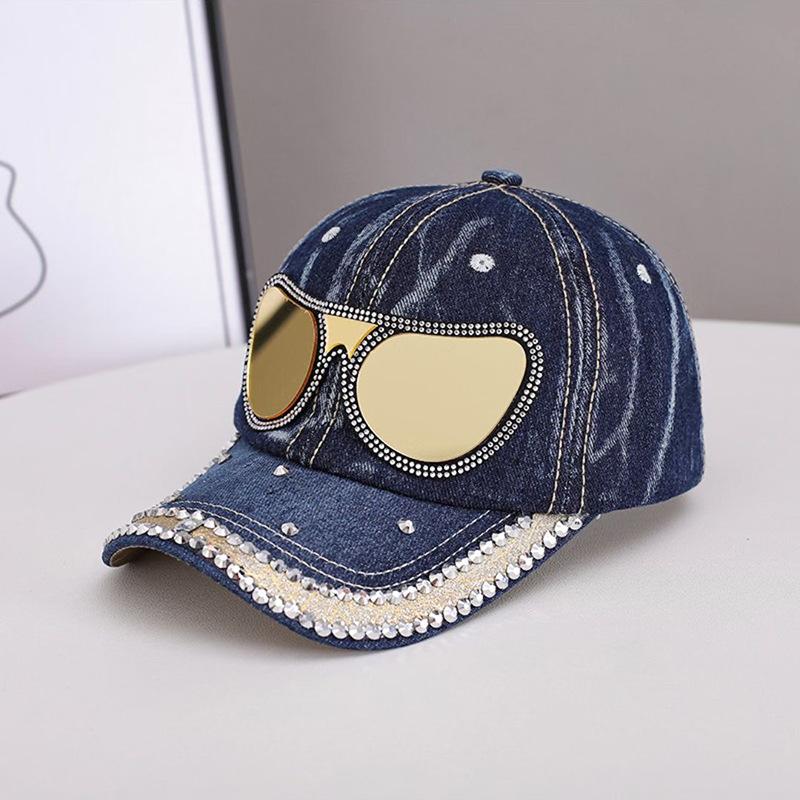 Unisex Denim Baseball Cap With Rhinestone Sunglasses Design, Washed Distressed Jean Dad Hat, Bling Diamond Studded Adjustable Sn Adjustable
