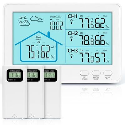 Digital Wireless Thermometer and Hygrometer, Three Sensors, High Precision, Large LCD Screen, Waterproof, Weather Forecast, Outdoor/Indoor Use, Backli