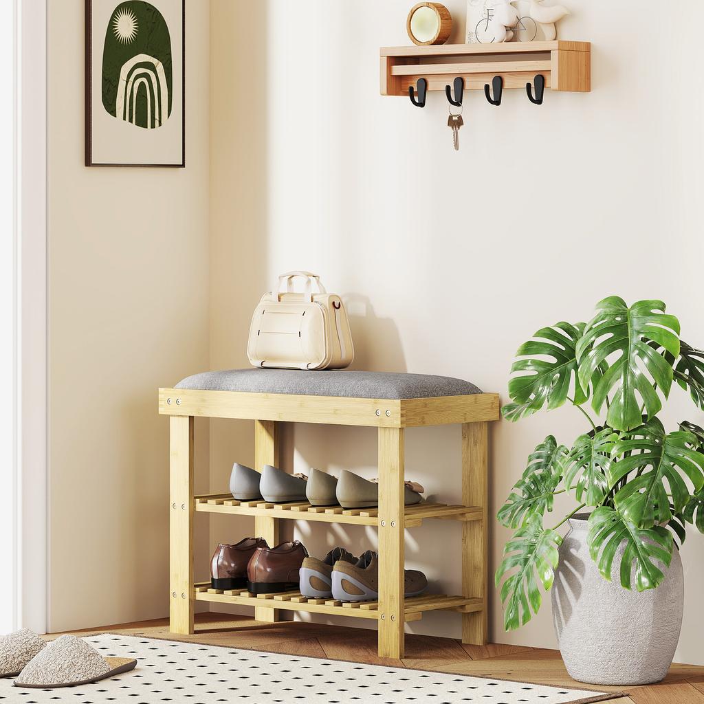 Shoe Bench with Seat, Bamboo Bench with Storage, 2 Open Compartments, Bench 60 X 29 X 49 Cm Grey
