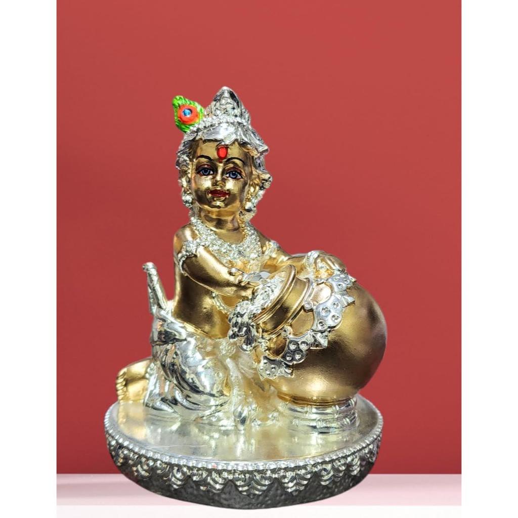 Makhan Krishna Idol Silver with Gold Antique Detailing, Ideal for Home Decor, Mandir, Puja Room | Makhan Chord | Laddu Gopal (4x3)