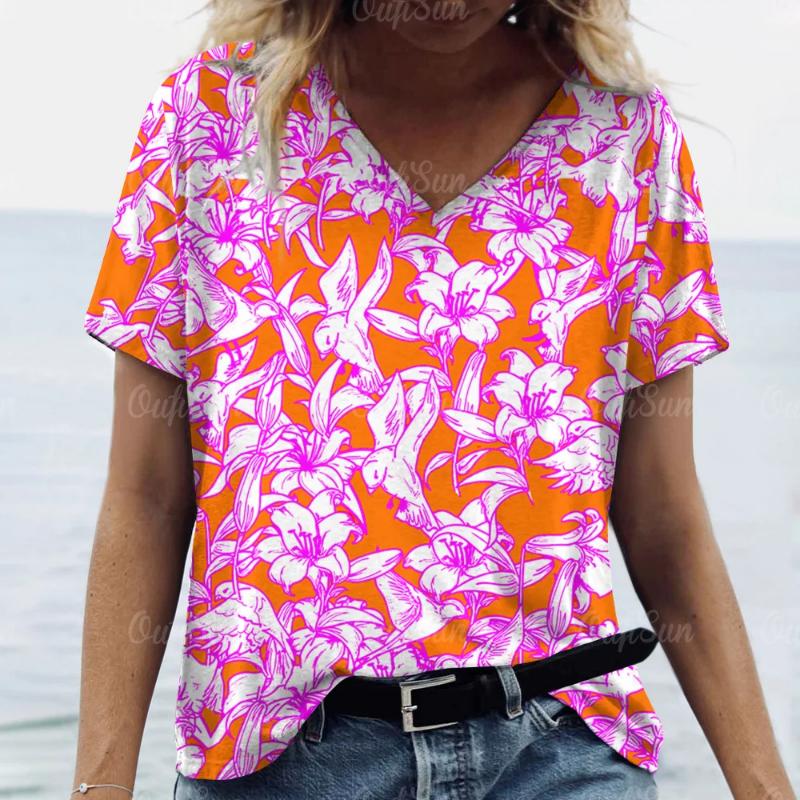 2024 Sommer Damen Floral T-Shirt Mode Tops Tees Weiblich Täglich Lässig V-Ausschnitt Kurzarm Kleidung Damen Stilvolle Streetwear