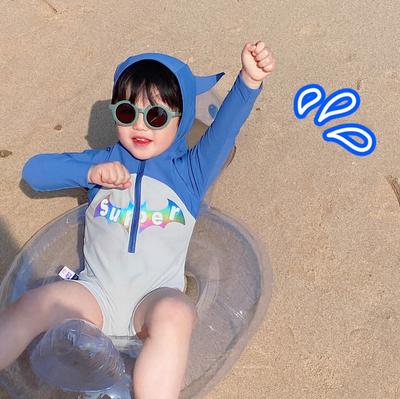 Costume da bagno a maniche lunghe con cappuccio e cartoni animati per bambini - Costumi da bagno carini in stile coreano per bambini piccoli con protezione solare