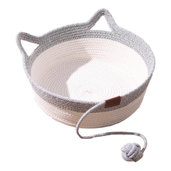 Handwoven Rope Cat Basket Cat Bed Basket with Rope Knot Ball Cat Ear Design Foldable Cat Bed for Indoor Cats Lounging Sleeping Entertainment